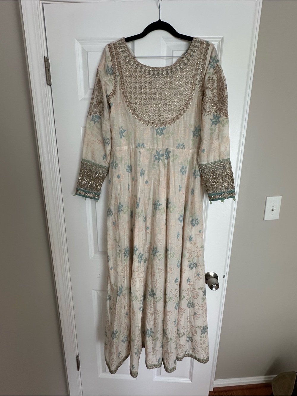 Maria B - Cream & Light Blue Embroidered Long Dress